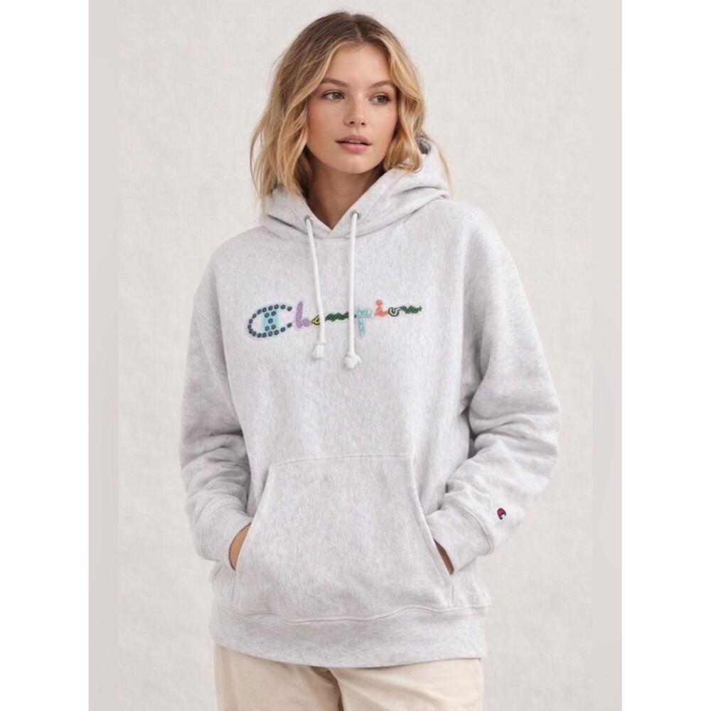 Champion Reverse Weave Hoodie Womens XL Marble Logo Applique Gray